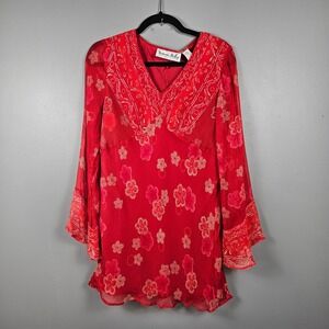 Vintage Victoria Holley Womens 10 Silk Floral Peasant Blouse Boho Sheer Red Pink